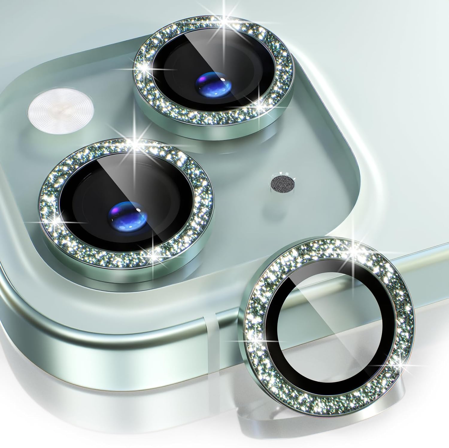 iPhone 15/15 Plus Glitter Green Ring Lens Protection