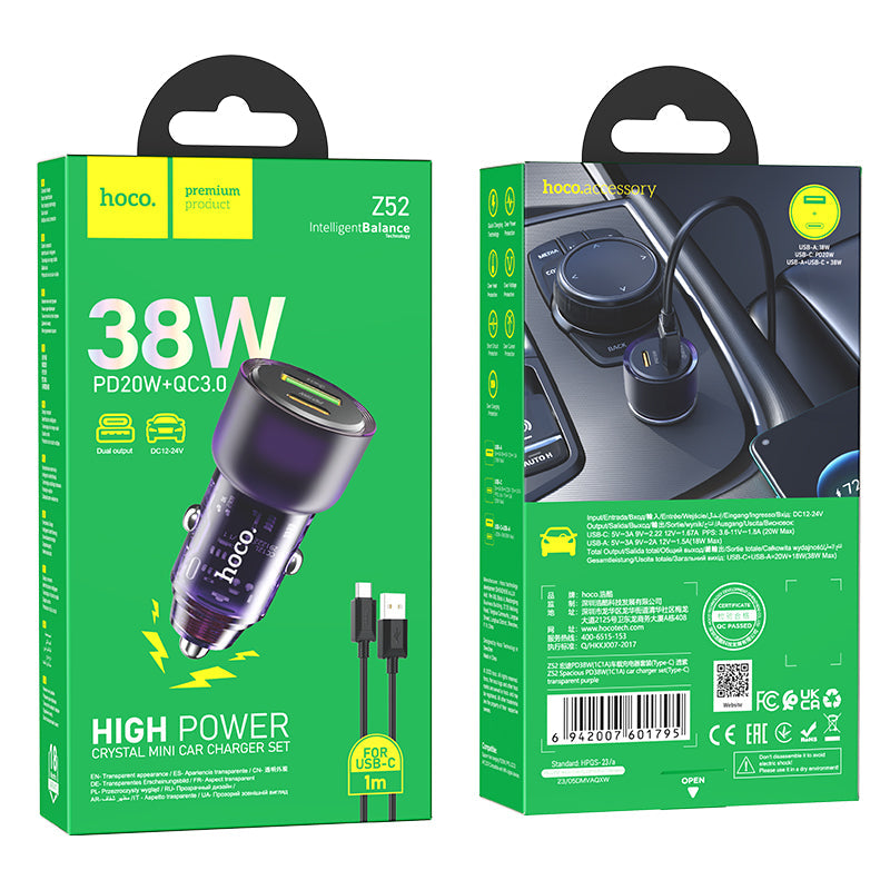 HOCO Spacious 38WATT car charger set(Type-C) – Case X